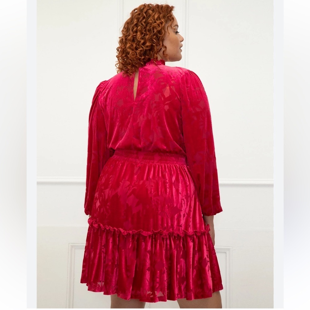 Eloquii Pink Mock Neck Barbiecore Midi Dress velvet burnout romantic formal - Picture 2 of 14